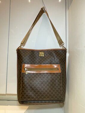 CELINE Macadam Canvas Shoulder Bag Dark Brown & Gold Hardware